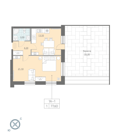 1-комнатная квартира, 77.6 м² - планировка, фото №1
