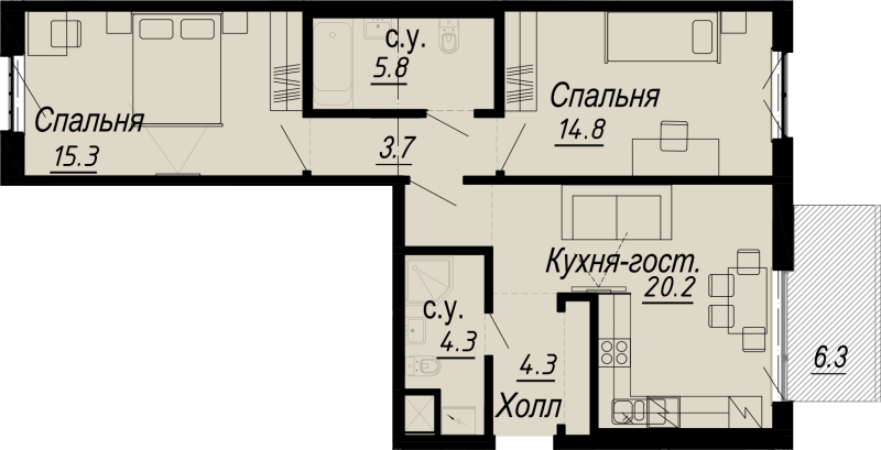 3-комнатная (Евро) квартира, 71.55 м² - планировка, фото №1