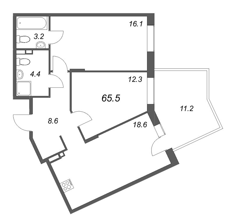 3-комнатная (Евро) квартира, 65.5 м² в ЖК "Экография" - планировка, фото №1