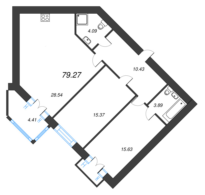 2-комнатная квартира, 79.2 м² в ЖК "Листва" - планировка, фото №1
