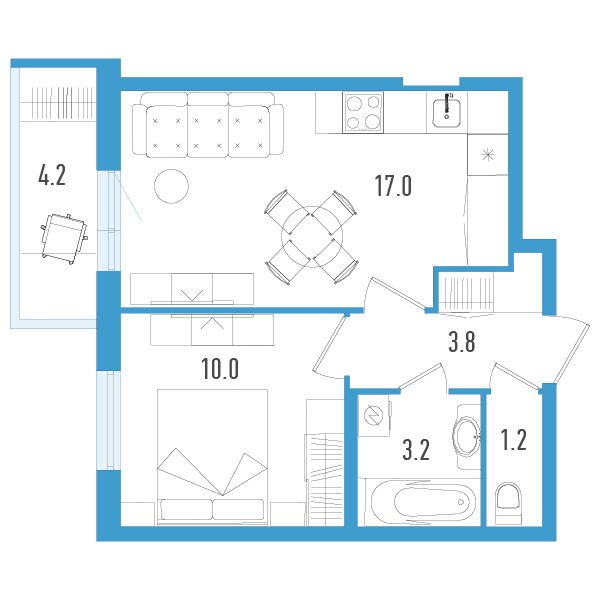 2-комнатная (Евро) квартира, 36.5 м² в ЖК "Аэросити" - планировка, фото №1