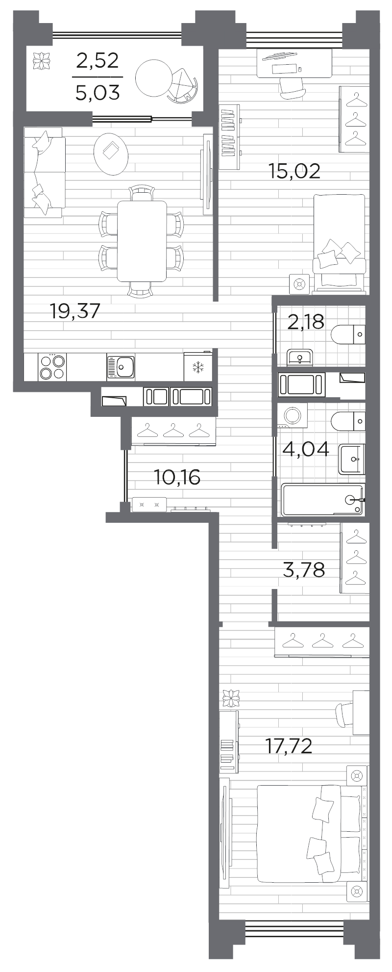3-комнатная (Евро) квартира, 74.79 м² в ЖК "Ассамблея" - планировка, фото №1
