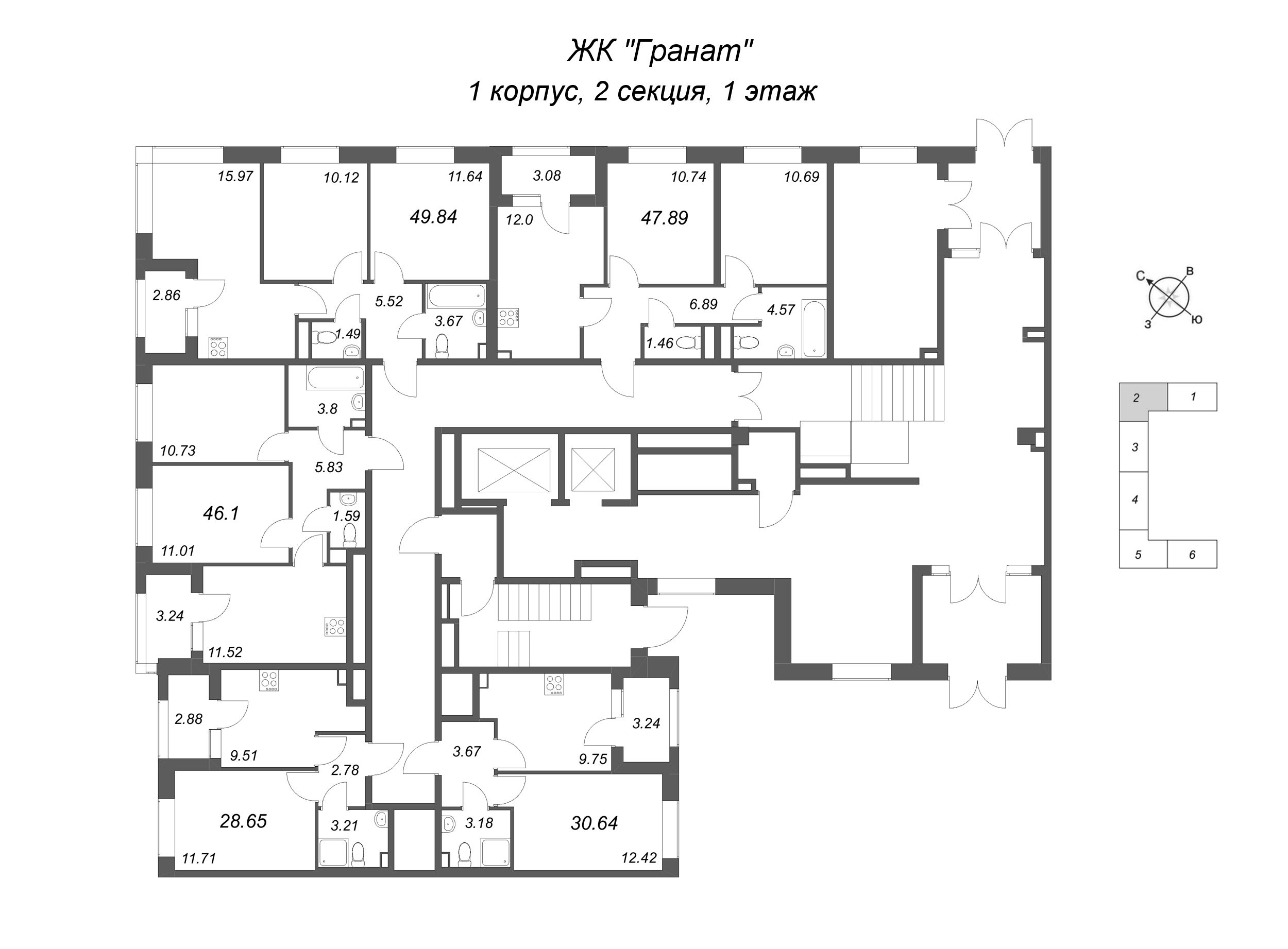 1-комнатная квартира, 28.65 м² в ЖК "Гранат" - планировка этажа