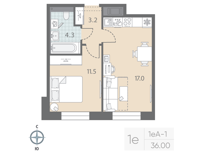 2-комнатная (Евро) квартира, 36 м² в ЖК "Большая Охта" - планировка, фото №1