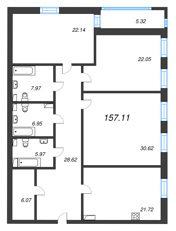 4-комнатная (Евро) квартира, 157.7 м² - планировка, фото №1