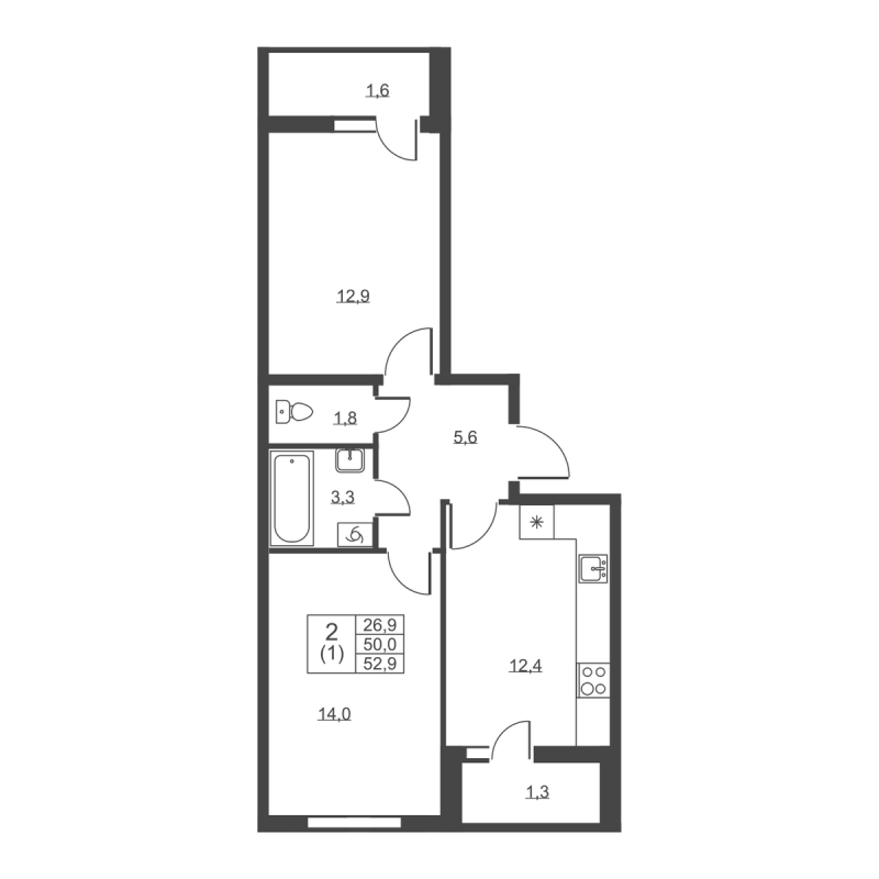 2-комнатная квартира, 52.9 м² в ЖК "Ермак" - планировка, фото №1