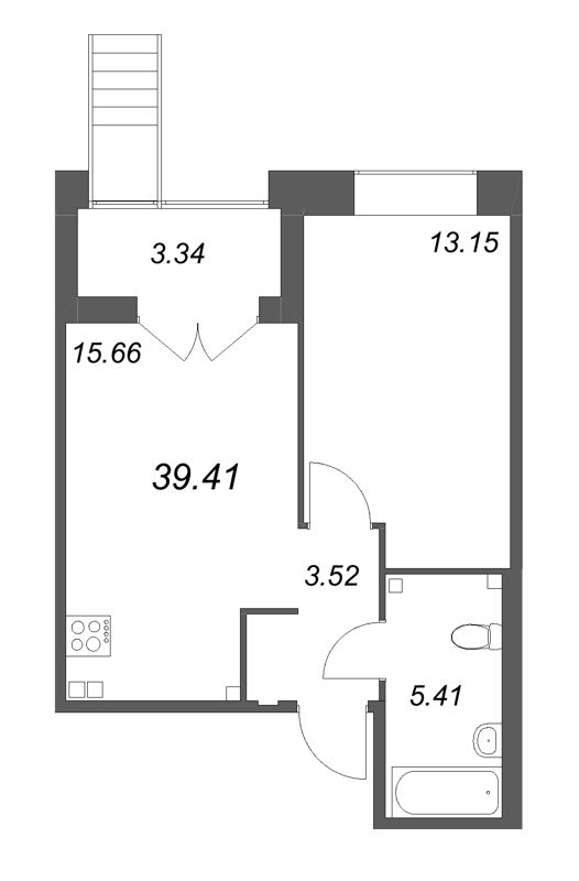 2-комнатная (Евро) квартира, 39.41 м² в ЖК "Ranta Residence" - планировка, фото №1