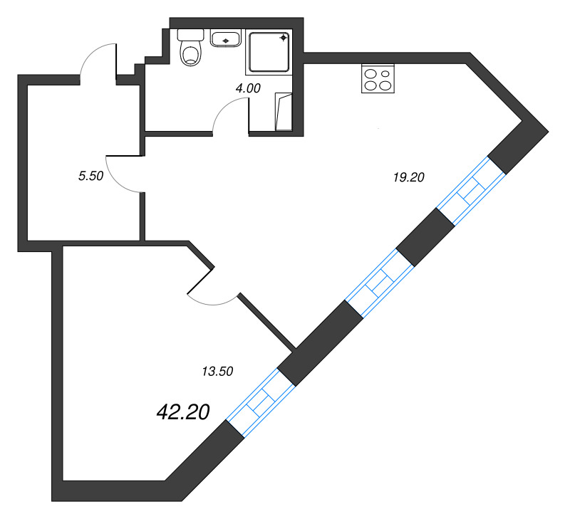 2-комнатная (Евро) квартира, 42.6 м² в ЖК "VIDI" - планировка, фото №1