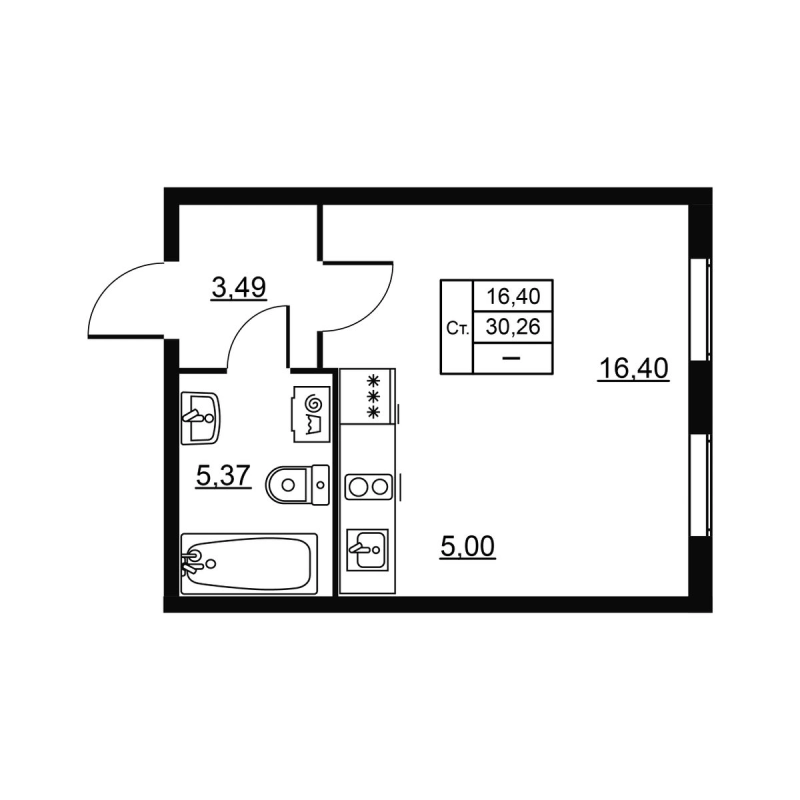 Квартира-студия, 30.26 м² в ЖК "Высота. Новодевяткино" - планировка, фото №1