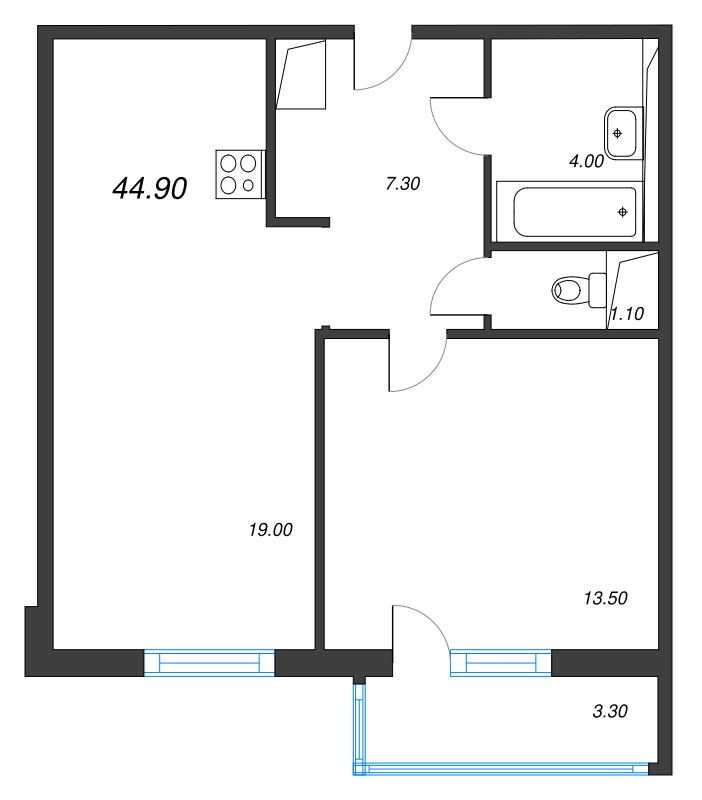 2-комнатная (Евро) квартира, 44.9 м² в ЖК "Руднева 15" - планировка, фото №1