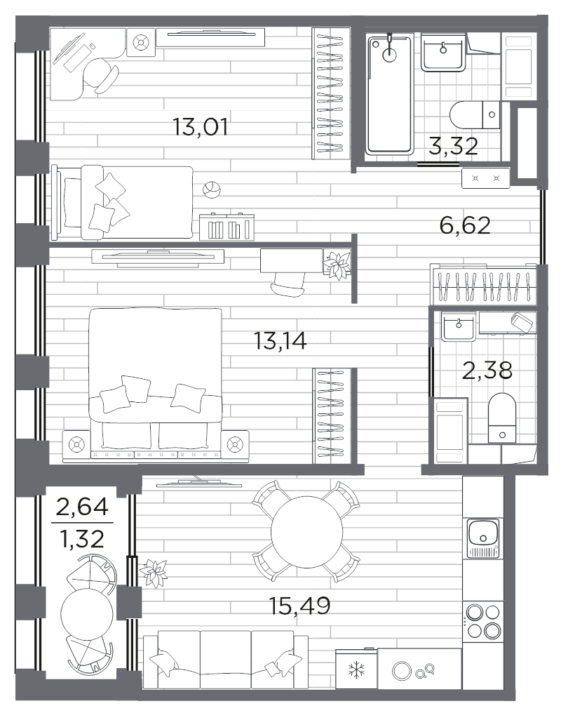 3-комнатная (Евро) квартира, 55.28 м² в ЖК "Respect" - планировка, фото №1