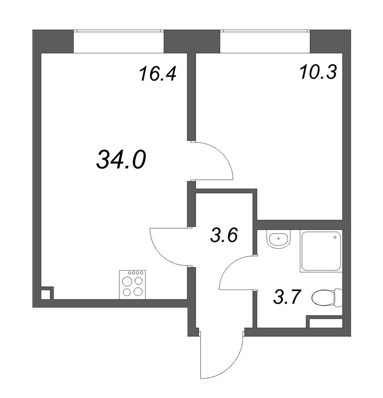 2-комнатная (Евро) квартира, 34 м² в ЖК "Пулково Lake" - планировка, фото №1