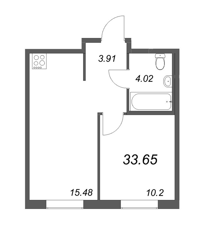 2-комнатная (Евро) квартира, 33.65 м² в ЖК "Новые горизонты" - планировка, фото №1