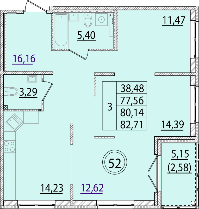 3-комнатная квартира, 77.56 м² - планировка, фото №1
