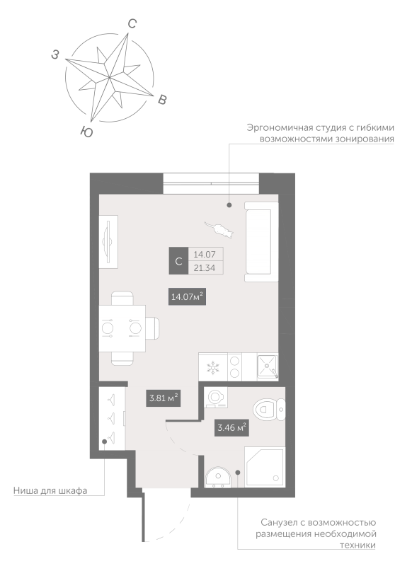 Квартира-студия, 21.34 м² - планировка, фото №1