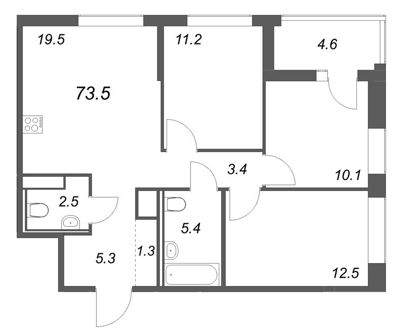 4-комнатная (Евро) квартира, 73.5 м² в ЖК "Янила Форест" - планировка, фото №1