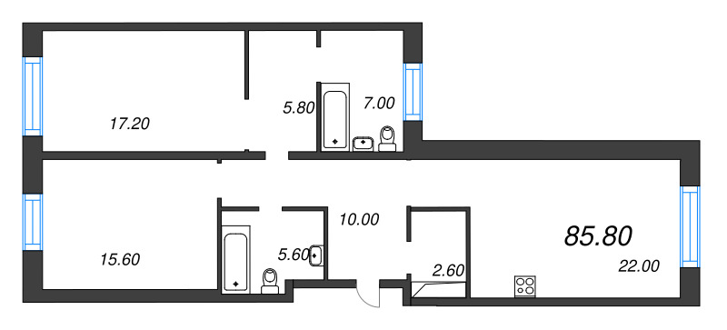 3-комнатная (Евро) квартира, 85.8 м² в ЖК "ЛДМ" - планировка, фото №1