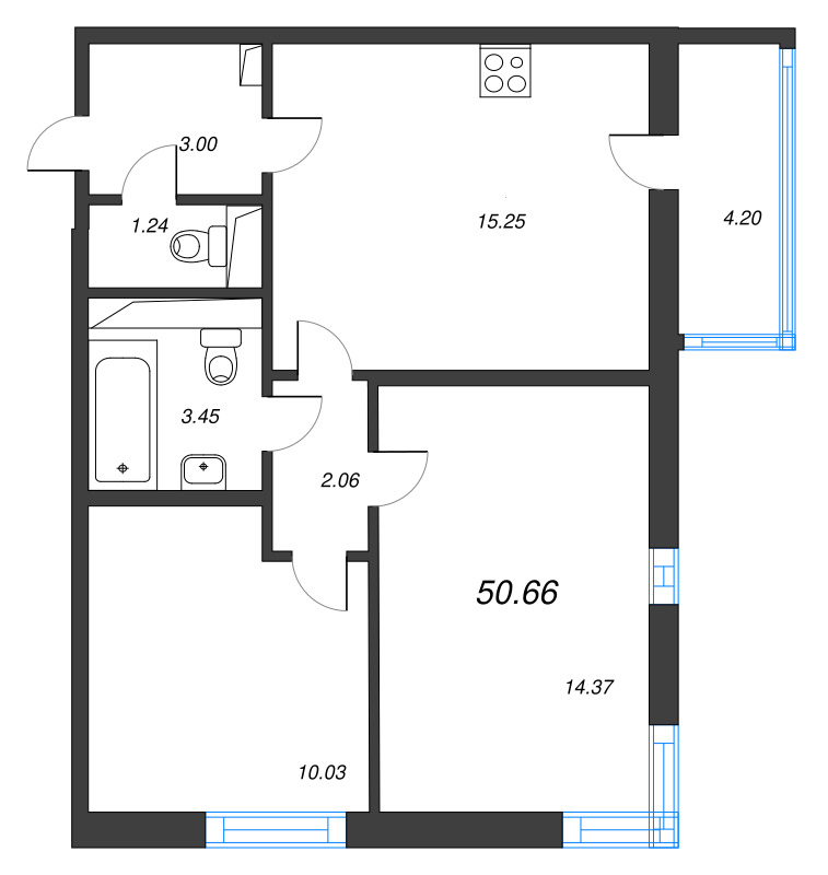 3-комнатная (Евро) квартира, 50.66 м² в ЖК "AEROCITY" - планировка, фото №1
