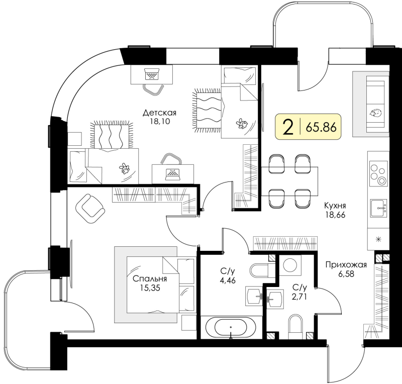 3-комнатная (Евро) квартира, 65.86 м² в ЖК "Всевгород" - планировка, фото №1