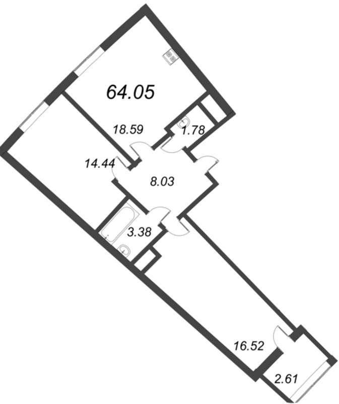 2-комнатная (Евро) квартира, 64.05 м² в ЖК "Морская набережная. SeaView" - планировка, фото №1