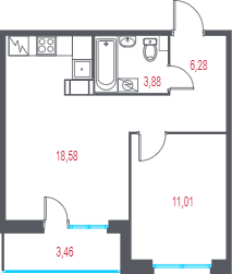 2-комнатная (Евро) квартира, 41.48 м² в ЖК "Город-спутник Южный" - планировка, фото №1