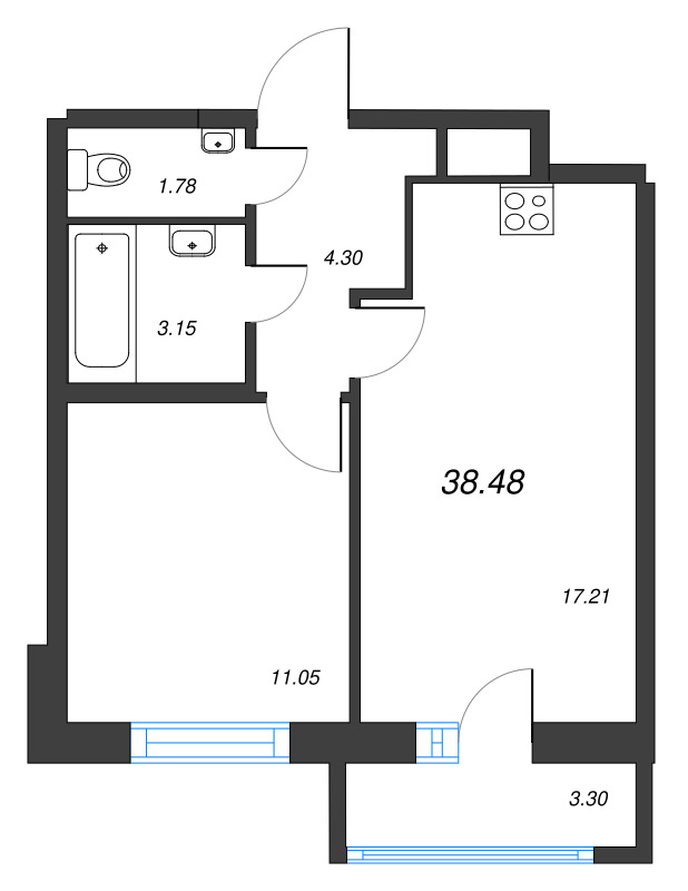 2-комнатная (Евро) квартира, 38.48 м² - планировка, фото №1