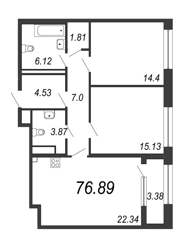 3-комнатная (Евро) квартира, 76.89 м² - планировка, фото №1