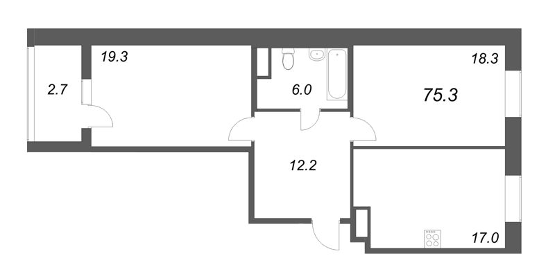 2-комнатная квартира, 75.3 м² - планировка, фото №1