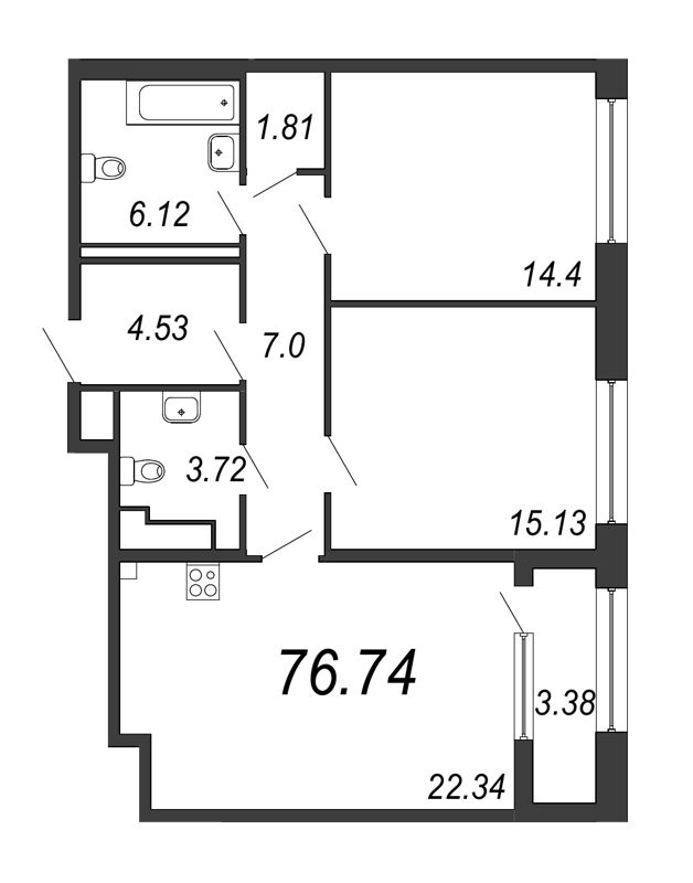 3-комнатная (Евро) квартира, 76.74 м² - планировка, фото №1