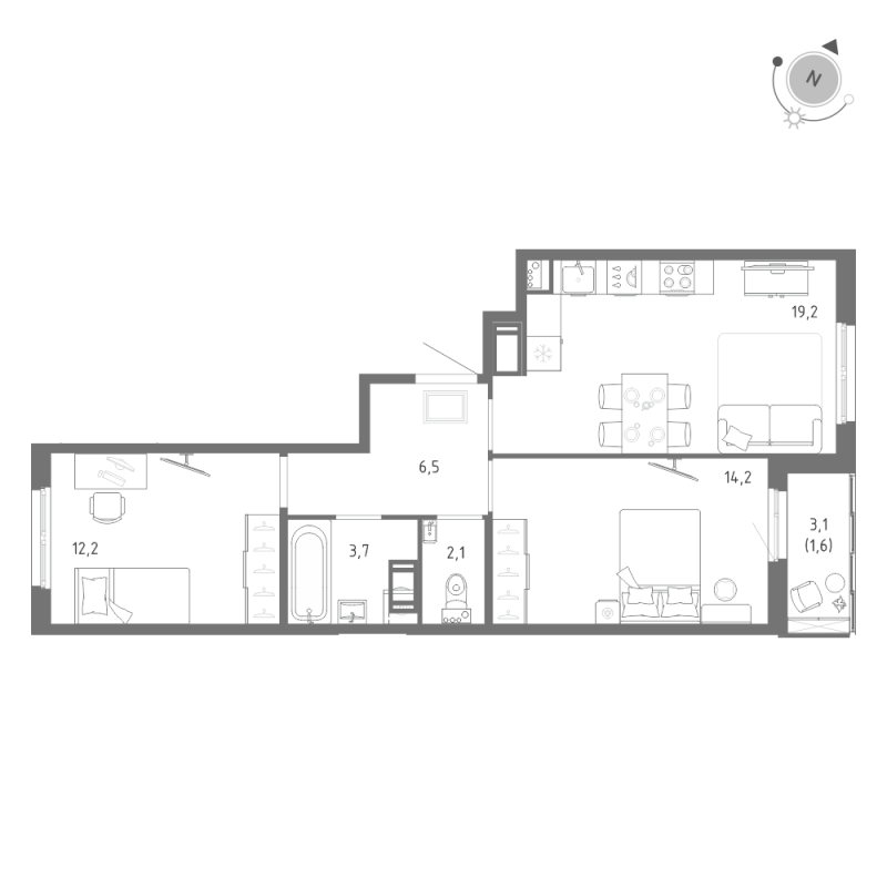 3-комнатная (Евро) квартира, 59.5 м² в ЖК "Клюква.Парк" - планировка, фото №1