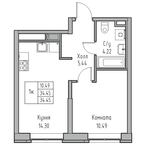 1-комнатная квартира, 34.45 м² в ЖК "Юнтолово" - планировка, фото №1