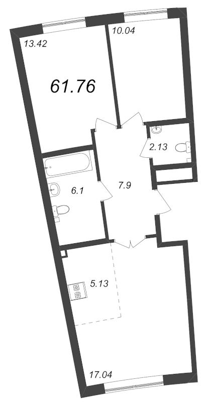 3-комнатная (Евро) квартира, 61.76 м² - планировка, фото №1