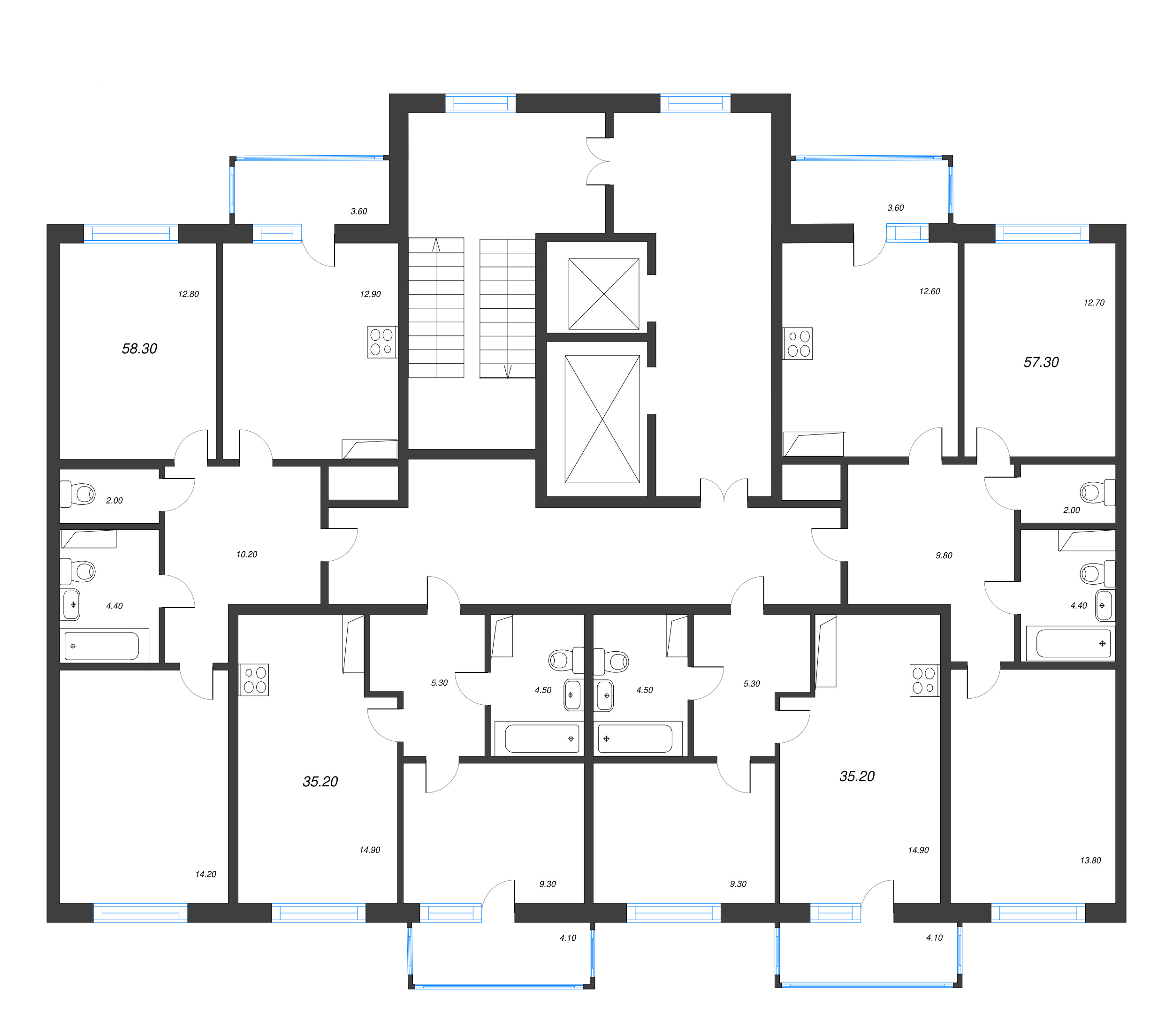 2-комнатная квартира, 58.3 м² - планировка этажа