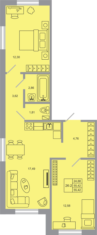 3-комнатная (Евро) квартира, 55.42 м² - планировка, фото №1