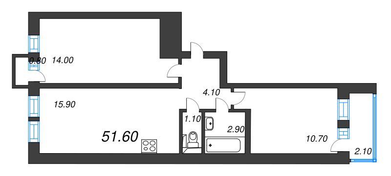 3-комнатная (Евро) квартира, 49.6 м² в ЖК "Эко Квартал Нега" - планировка, фото №1