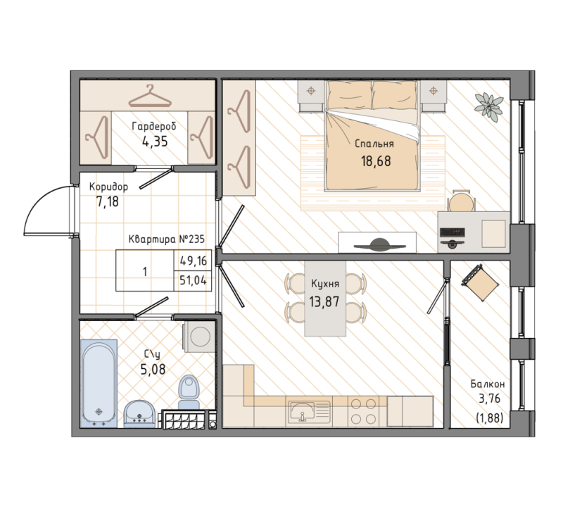 1-комнатная квартира, 51.04 м² в ЖК "Мануфактура James Beck" - планировка, фото №1