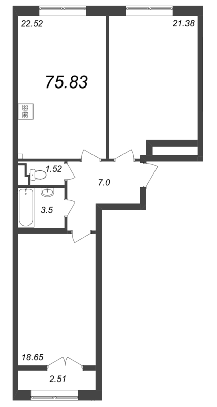 3-комнатная (Евро) квартира, 75.83 м² - планировка, фото №1