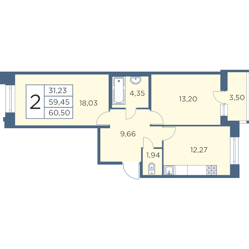 2-комнатная квартира, 60.16 м² - планировка, фото №1