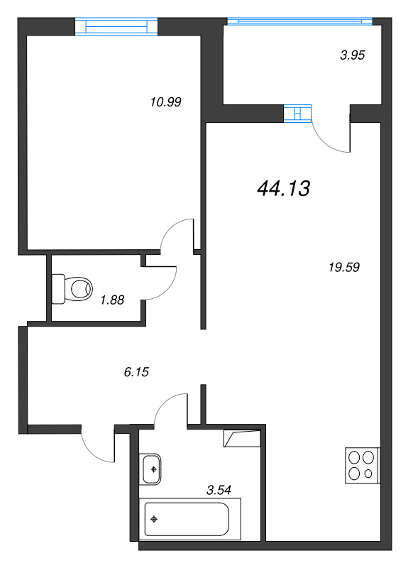 1-комнатная квартира, 43.6 м² - планировка, фото №1