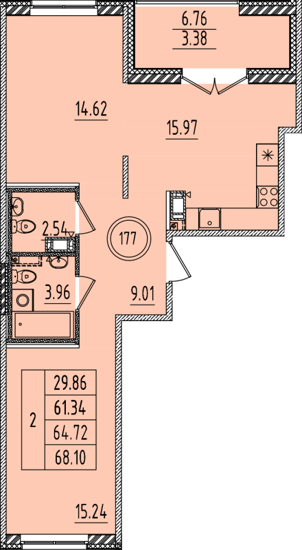 3-комнатная (Евро) квартира, 61.34 м² - планировка, фото №1