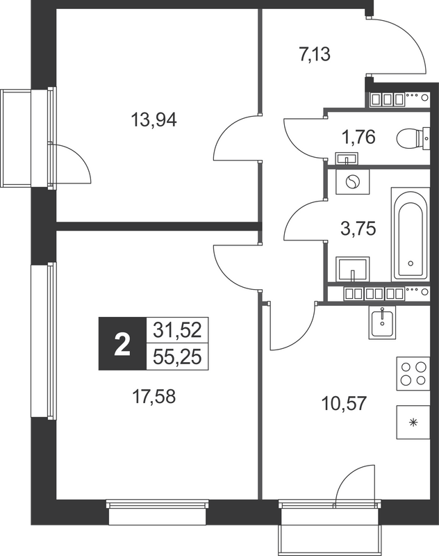 2-комнатная квартира, 55.25 м² в ЖК "Слобода" - планировка, фото №1