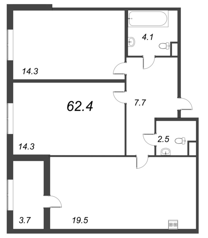 3-комнатная (Евро) квартира, 62.4 м² - планировка, фото №1