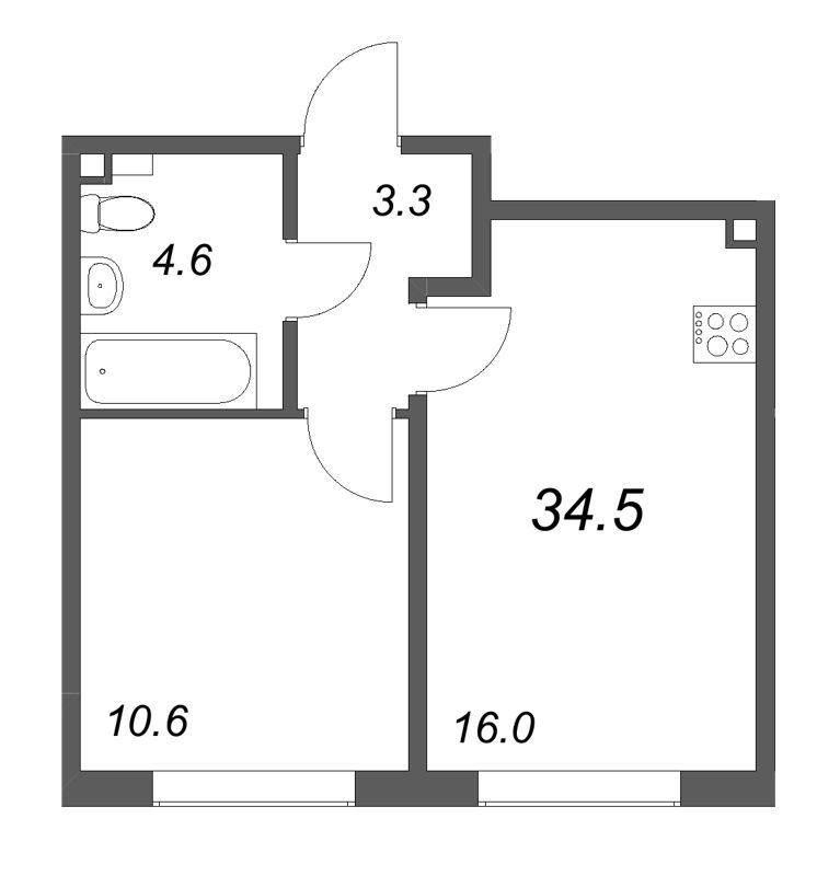 2-комнатная (Евро) квартира, 34.5 м² в ЖК "Пулково Lake" - планировка, фото №1