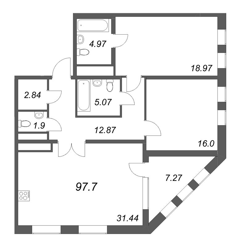 2-комнатная квартира, 97.7 м² - планировка, фото №1