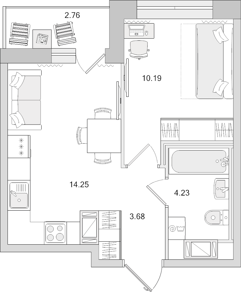 1-комнатная квартира, 35.11 м² - планировка, фото №1