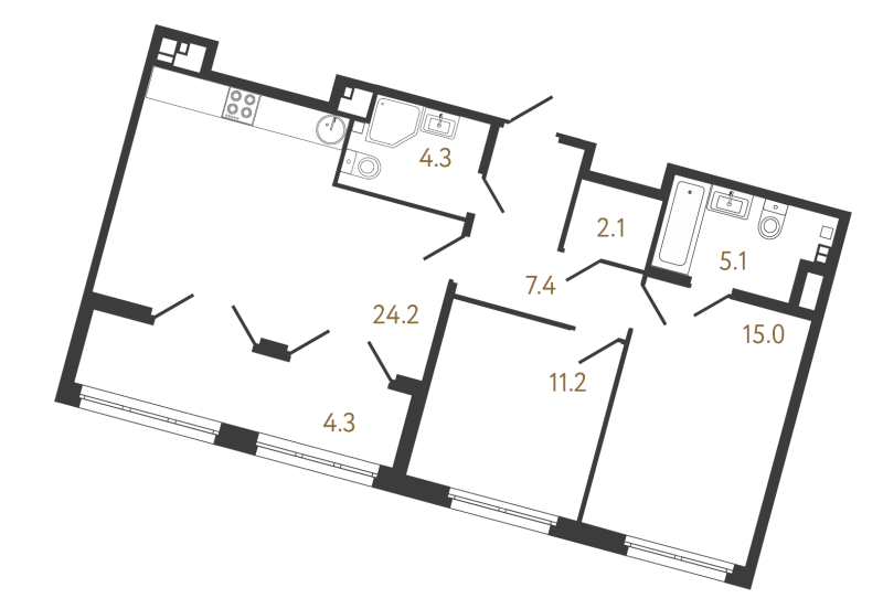 3-комнатная (Евро) квартира, 69.3 м² - планировка, фото №1