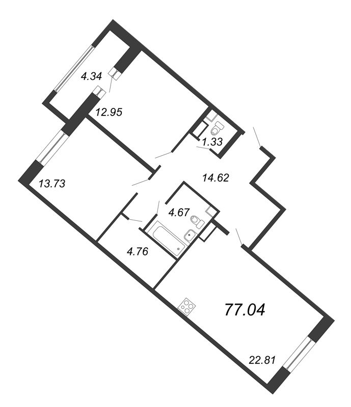 3-комнатная (Евро) квартира, 77.04 м² в ЖК "Modum" - планировка, фото №1