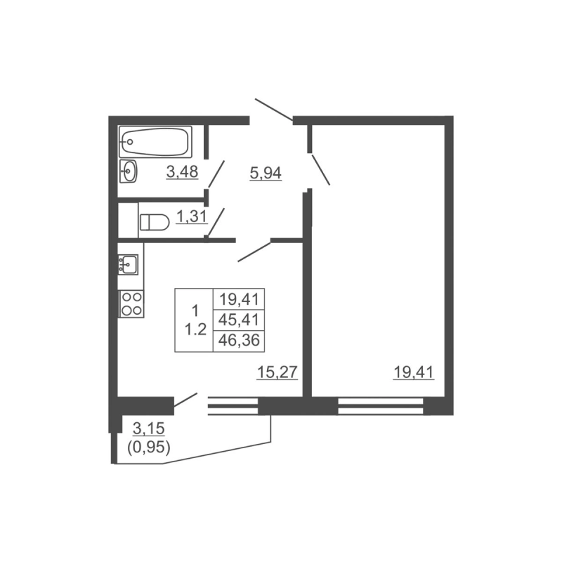 2-комнатная (Евро) квартира, 46.36 м² в ЖК "Тандем" - планировка, фото №1