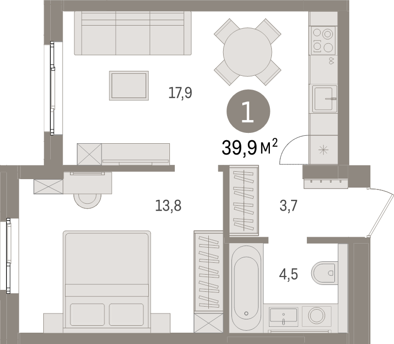 2-комнатная (Евро) квартира, 39.9 м² в ЖК "Брусника в Новоселье" - планировка, фото №1