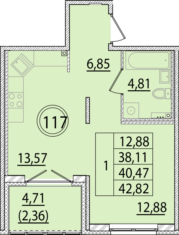 1-комнатная квартира, 38.11 м² в ЖК "Образцовый квартал 15" - планировка, фото №1